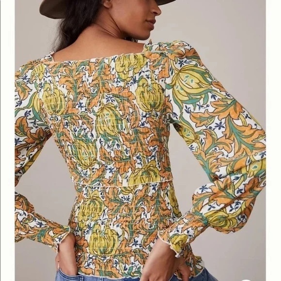 Anthropologie • Rayna Relaxed Smocked‎ Blouse in Yellow & Orange, Size XS - Picture 12 of 14